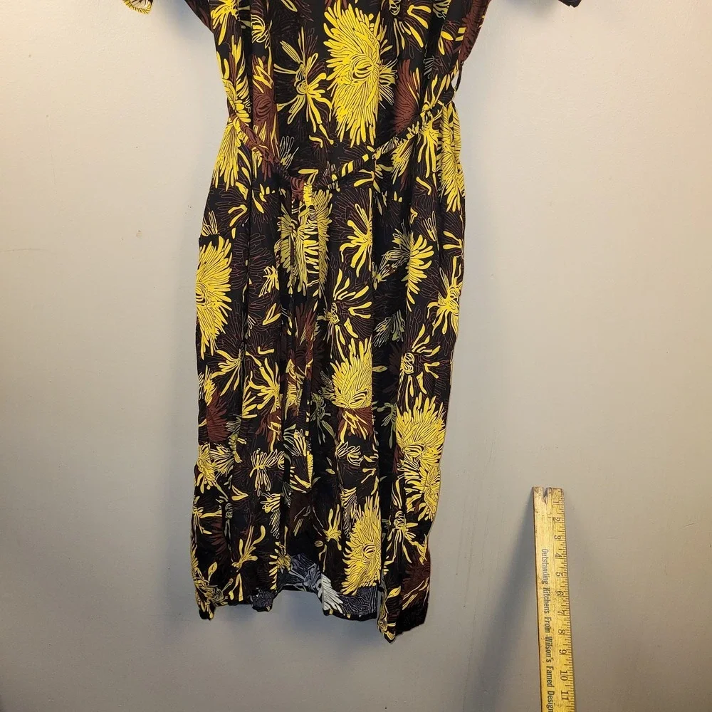 TAMSY Floral Midi Dress One Size Black Yellow‎ Brown Boho Tie Waist NWT
